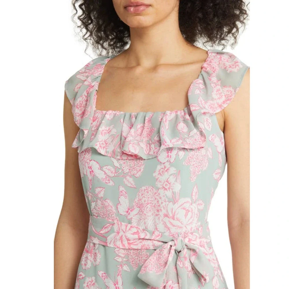 Eliza J Tie Waist Tiered Midi Dress Mint Green Pink Floral Size 4 Wedding Party - Picture 2 of 13